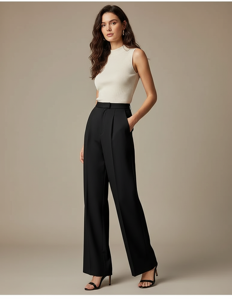 Pantalon Chino Noir Taille Haute Ample Élégant Femme - Polyester