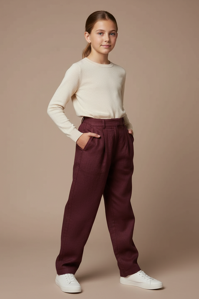 Pantalon Chino Bordeaux Ample Plissé Décontracté Femme - Laine