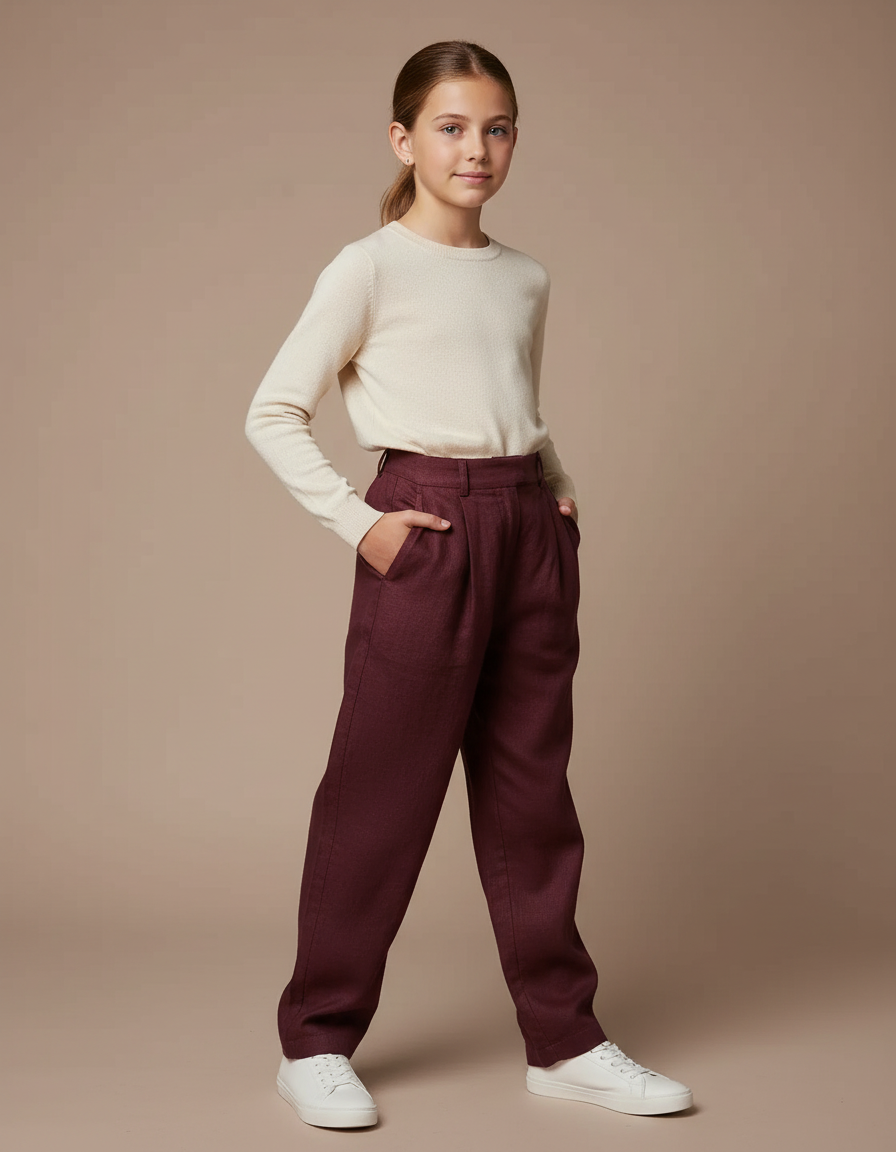 Pantalon Chino Bordeaux Ample Plissé Décontracté Femme - Laine