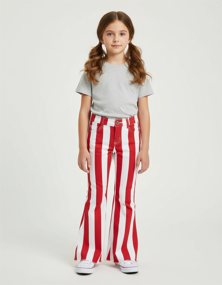 Pantalon Chino Rayures Rouges Blanches Évasé Enfants - Multicolore Coton