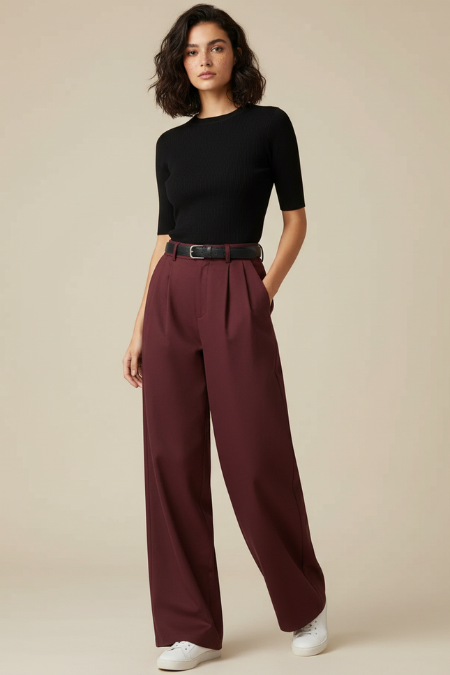 Pantalon Chino Bordeaux Ample Plissé Femme Élégant - Gabardine