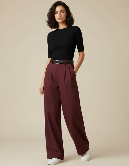 Pantalon Chino Bordeaux Ample Plissé Femme Élégant - Gabardine