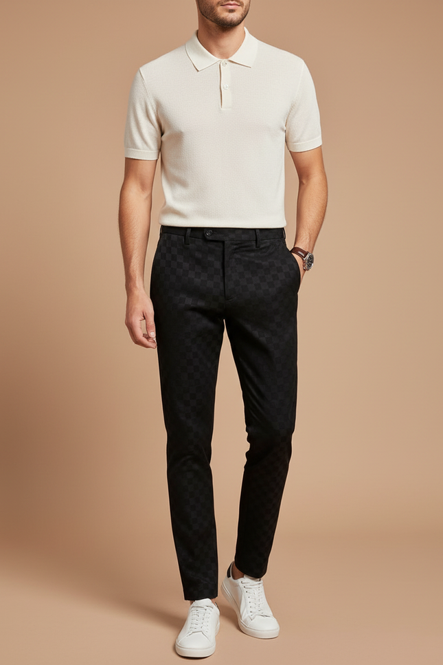 Pantalon Chino Noir Carreaux Slim Élégant Homme - Polyester