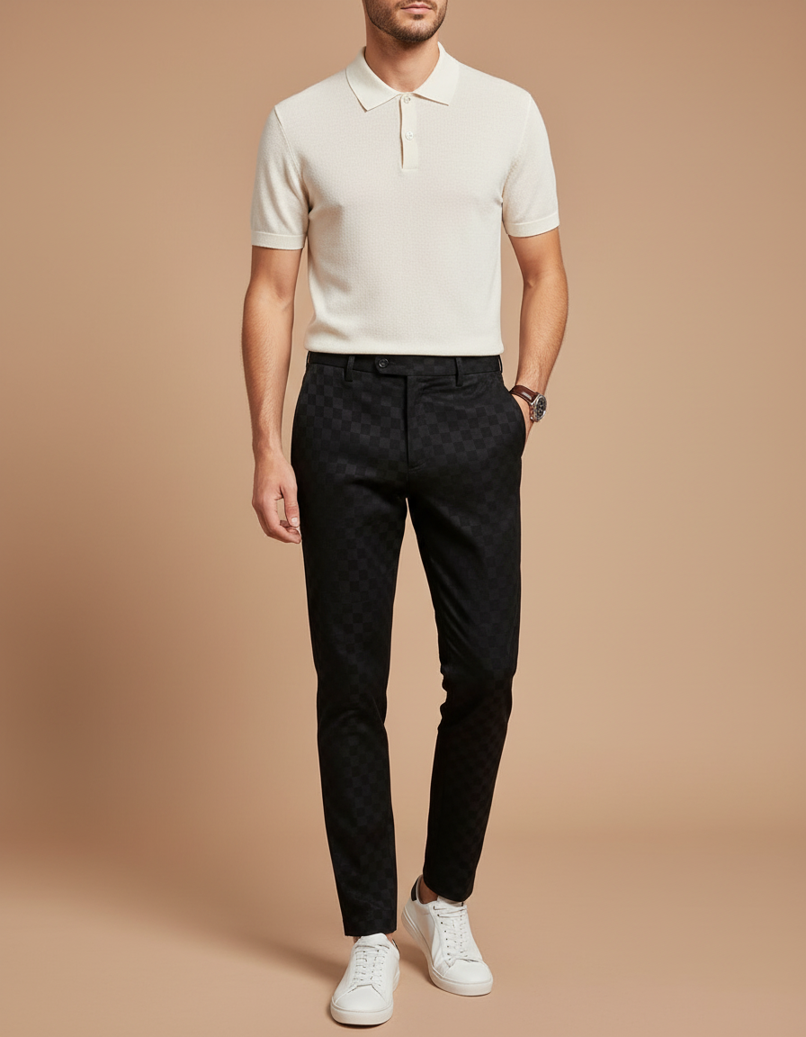 Pantalon Chino Noir Carreaux Slim Élégant Homme - Polyester