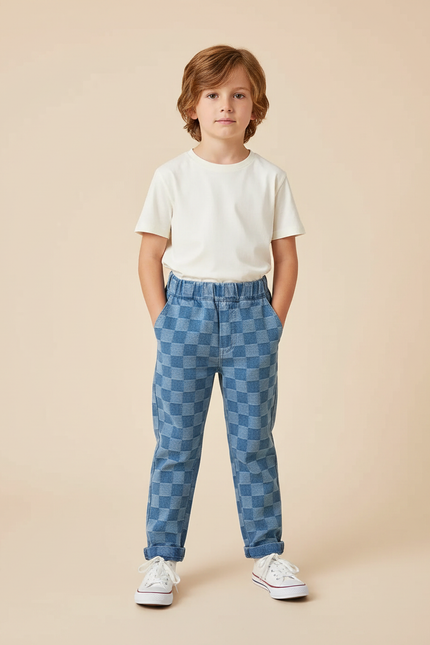 Pantalon Chino Carreaux Bleus Ample Décontracté Enfant - Jean