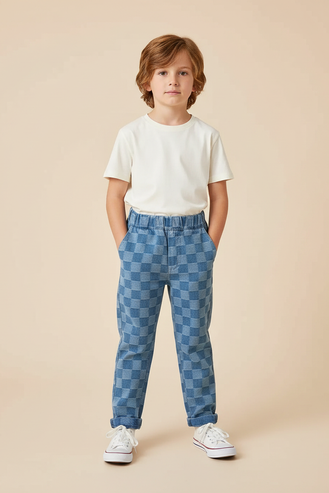 Pantalon Chino Carreaux Bleus Ample Décontracté Enfant - Jean