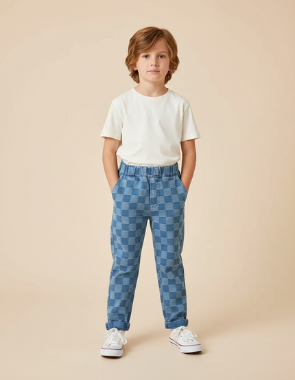 Pantalon Chino Carreaux Bleus Ample Décontracté Enfant - Jean