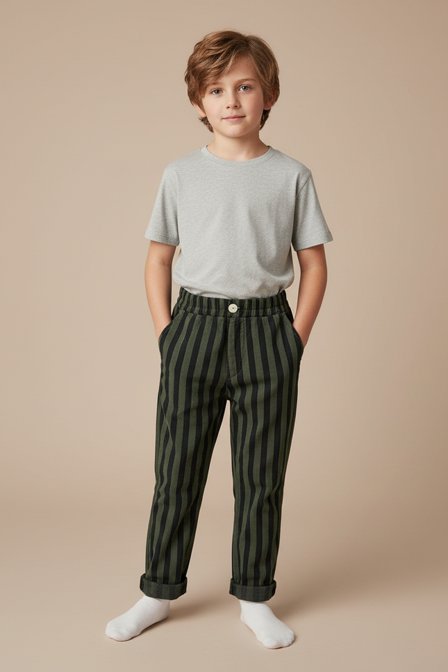 Pantalon Chino Rayé Vert Noir Ample Enfant - Multicolore Cordé