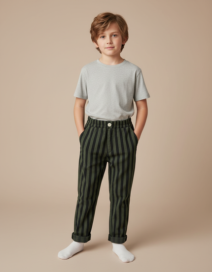 Pantalon Chino Rayé Vert Noir Ample Enfant - Multicolore Cordé