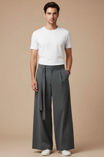 Pantalon Chino Gris Ample Coton Cordon Décontracté Homme
