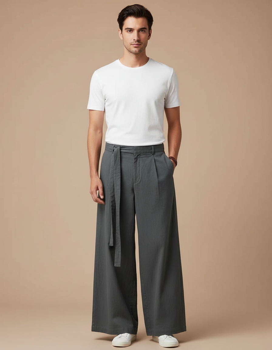 Pantalon Chino Gris Ample Coton Cordon Décontracté Homme