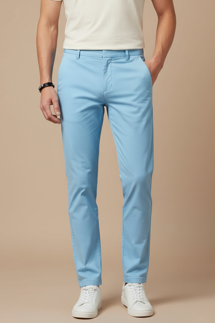 Pantalon Chino Bleu Ciel Coton Droit Décontracté Homme