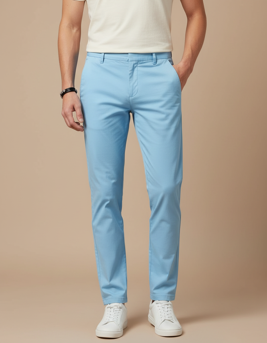 Pantalon Chino Bleu Ciel Coton Droit Décontracté Homme