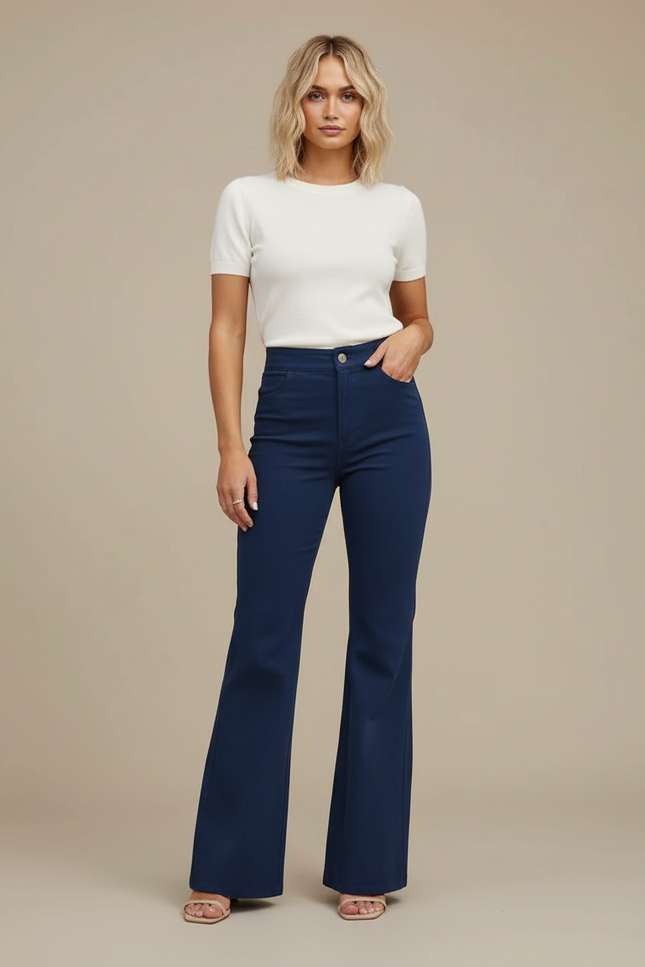 Pantalon Chino Bleu Marine Évasé Taille Haute Femme - Gabardine