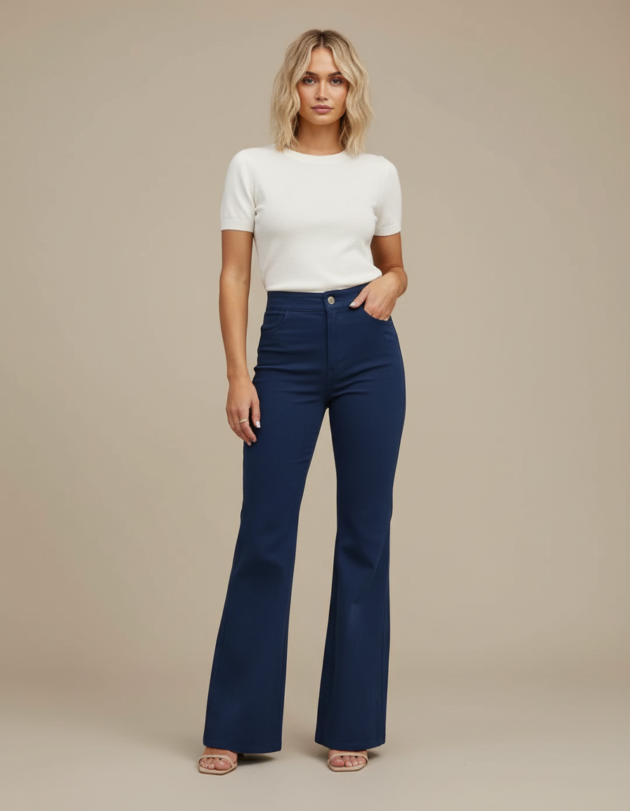 Pantalon Chino Bleu Marine Évasé Taille Haute Femme - Gabardine