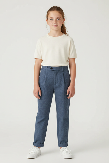 Pantalon Chino Bleu Marine Laine Chevron Droit Enfant