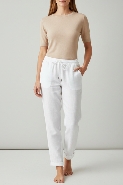 Pantalon Chino Blanc Lin Fluide Décontracté Femme