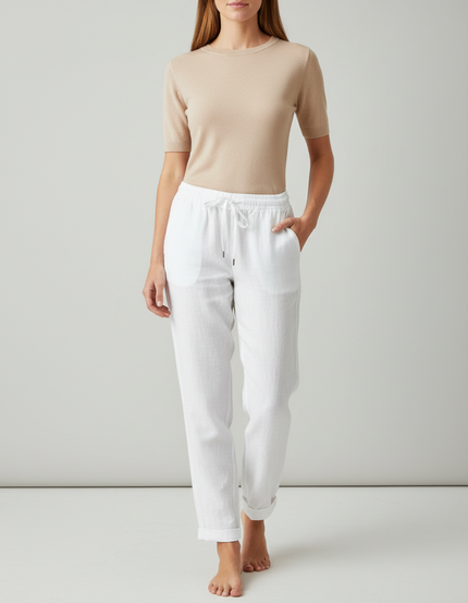Pantalon Chino Blanc Lin Fluide Décontracté Femme