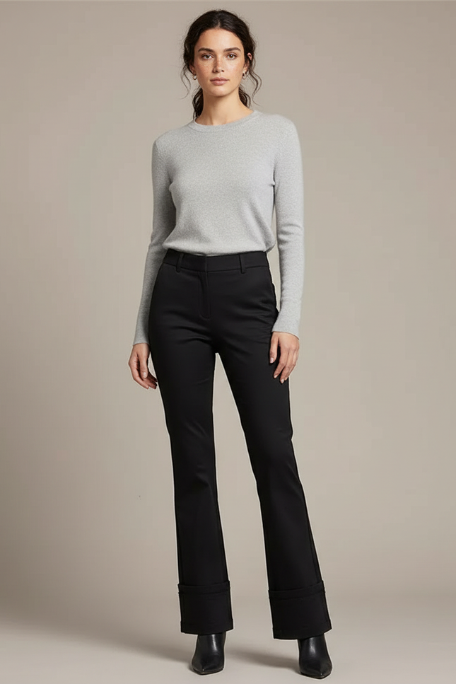 Pantalon Chino Noir Évasé Élégant Taille Haute - Gabardine