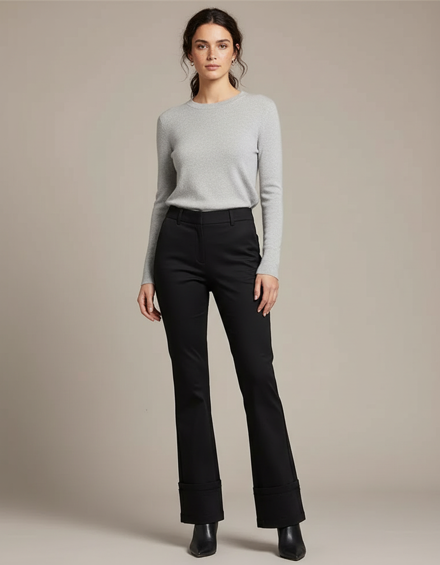 Pantalon Chino Noir Évasé Élégant Taille Haute - Gabardine