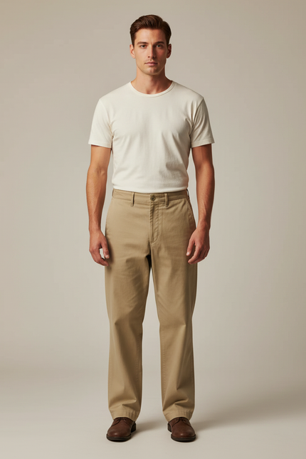 Pantalon Chino Kaki Coton Ample Décontracté Homme - Gabardine