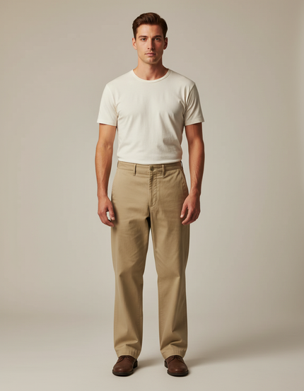 Pantalon Chino Kaki Coton Ample Décontracté Homme - Gabardine