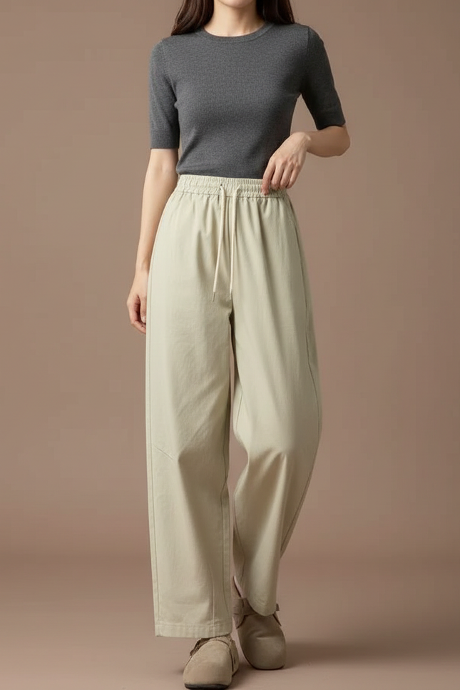 Pantalon Chino Ample Décontracté Cordon Beige Femme - Gabardine