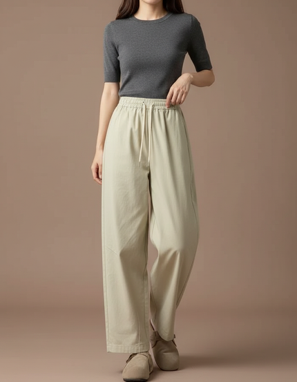 Pantalon Chino Ample Décontracté Cordon Beige Femme - Gabardine