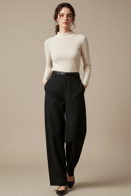 Pantalon Chino Noir Ample Fluide Poches Femme - Gabardine