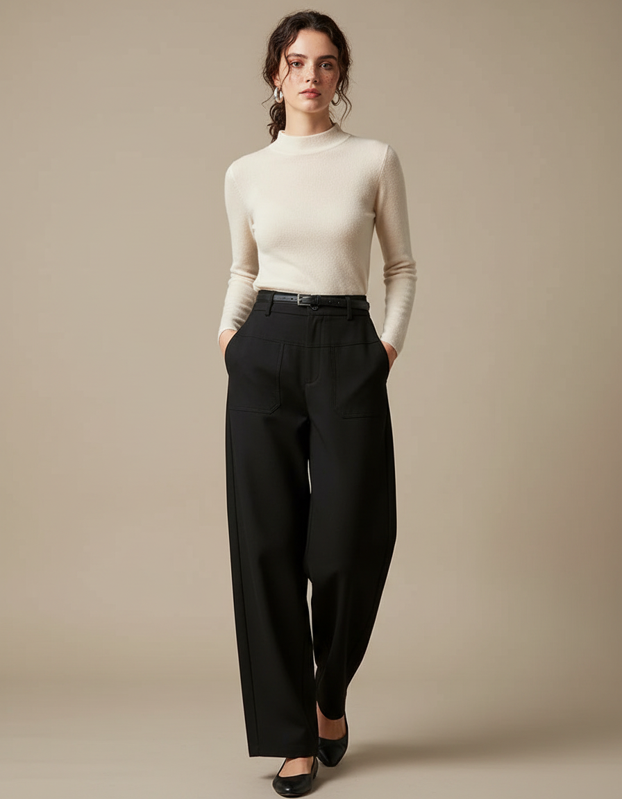 Pantalon Chino Noir Ample Fluide Poches Femme - Gabardine