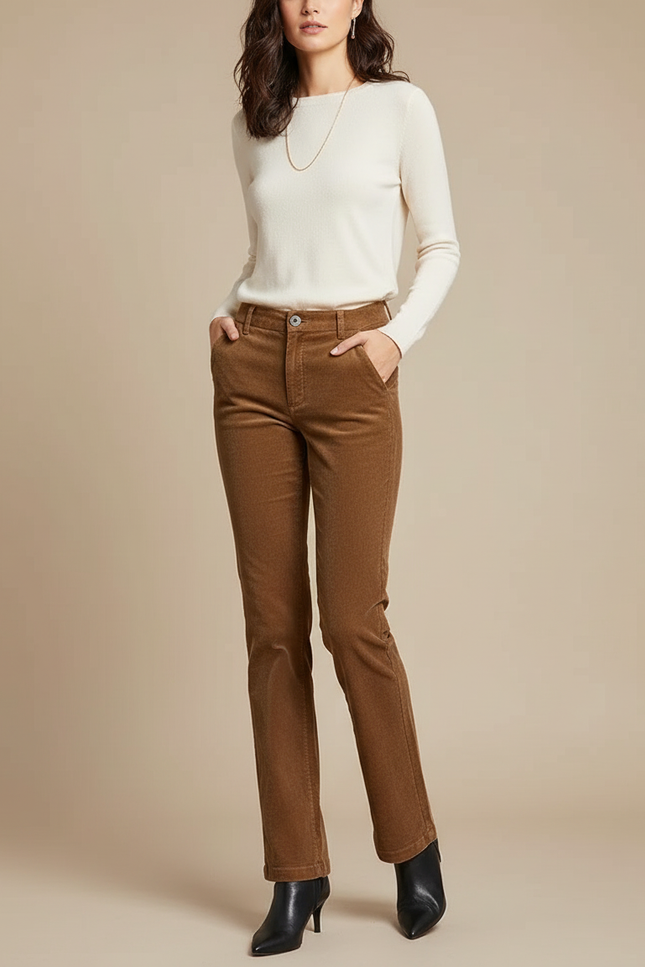 Pantalon Chino Marron Côtelé Droit Élégant Femme - Cordé