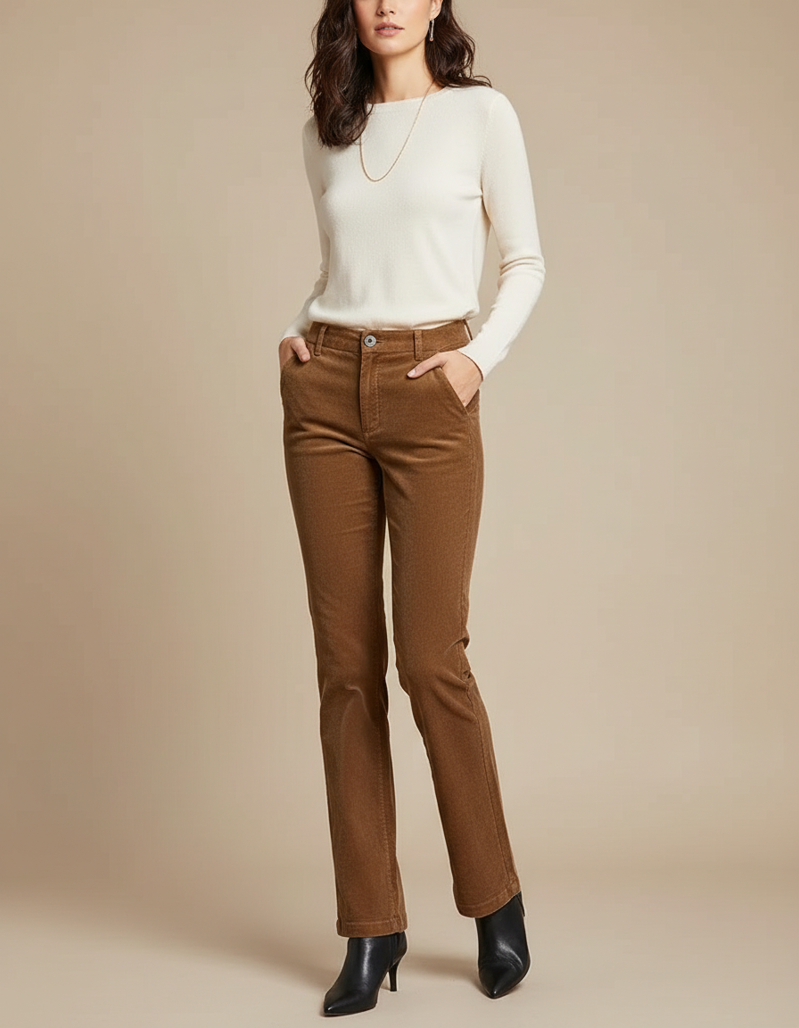 Pantalon Chino Marron Côtelé Droit Élégant Femme - Cordé