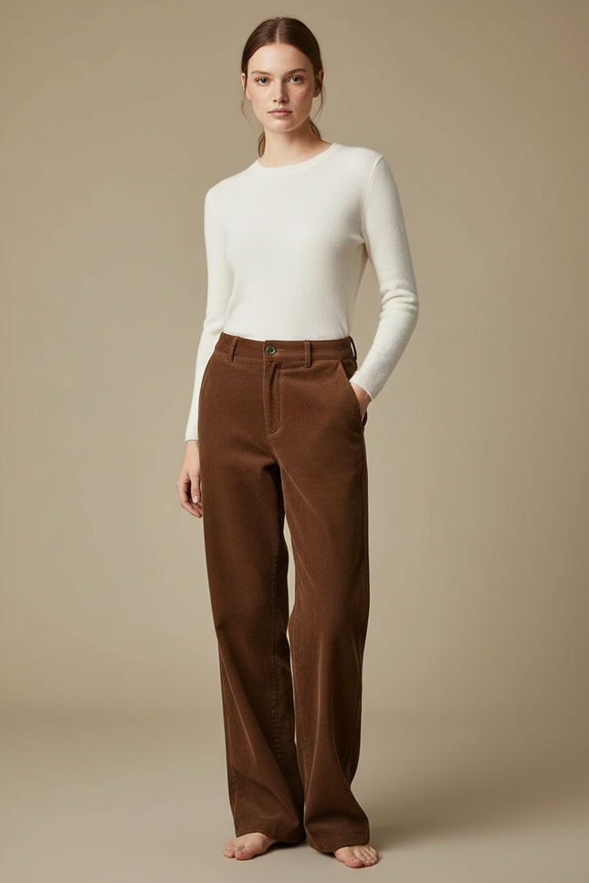 Pantalon Chino Velours Côtelé Marron Ample Femme