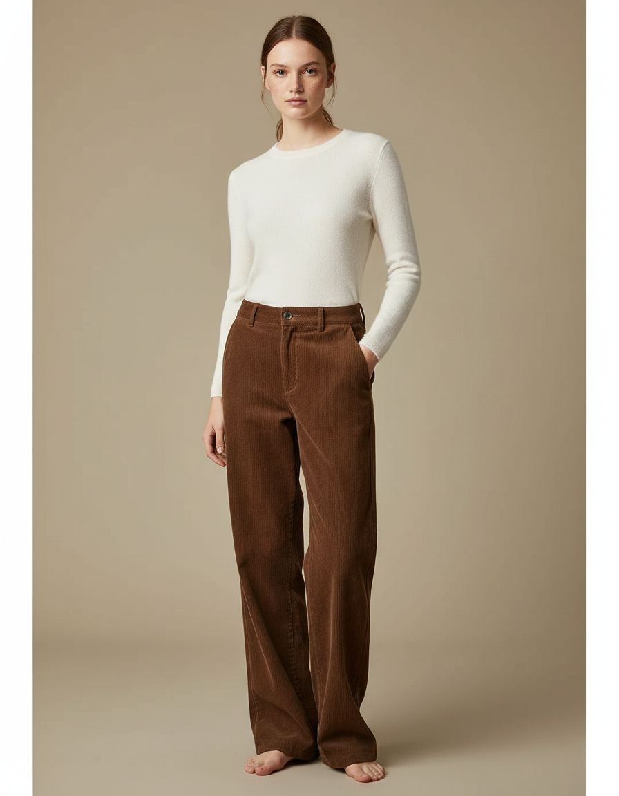 Pantalon Chino Velours Côtelé Marron Ample Femme