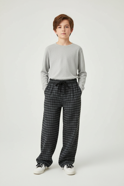 Pantalon Chino Carreaux Gris Ample Droit Enfant - Tweed