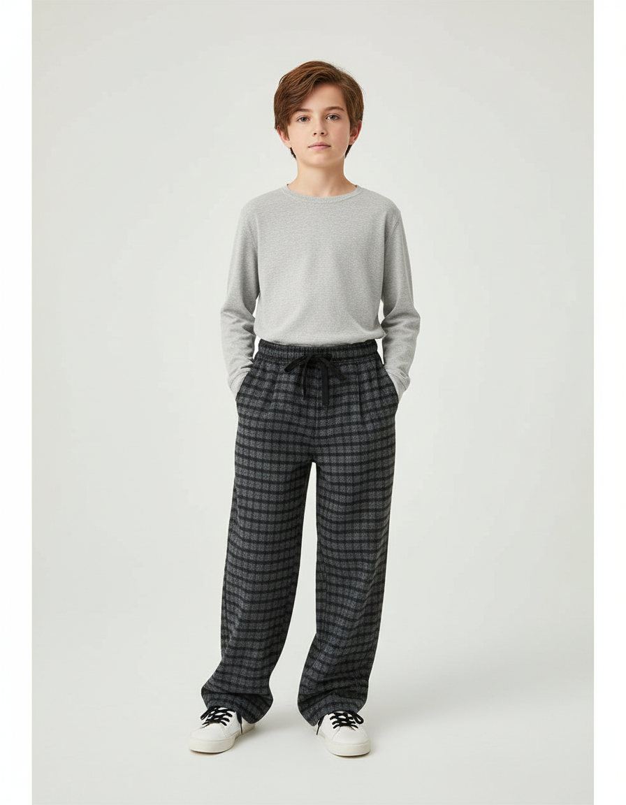 Pantalon Chino Carreaux Gris Ample Droit Enfant - Tweed