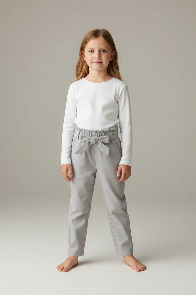Pantalon Chino Gris Fille Coton Décontracté Ceinturé