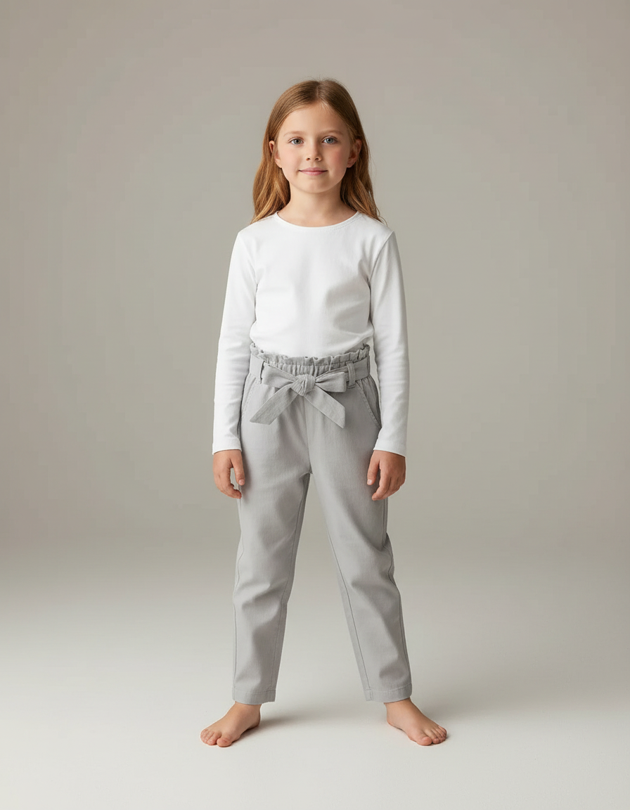 Pantalon Chino Gris Fille Coton Décontracté Ceinturé