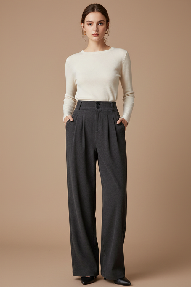 Pantalon Chino Gris Droit Ample Élégant Femme - Laine