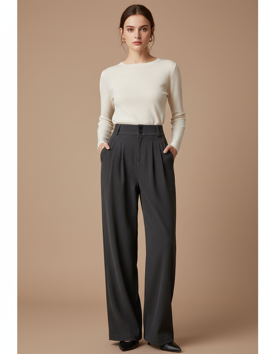 Pantalon Chino Gris Droit Ample Élégant Femme - Laine