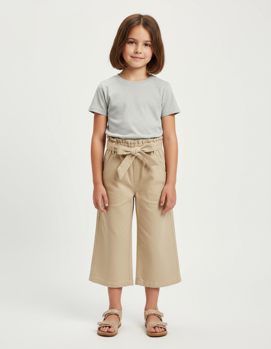 Pantalon Chino Beige Ample Coton Ceinture Fille