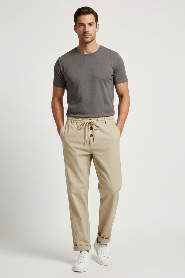 Pantalon Chino Beige Cordon Lin Ample Homme