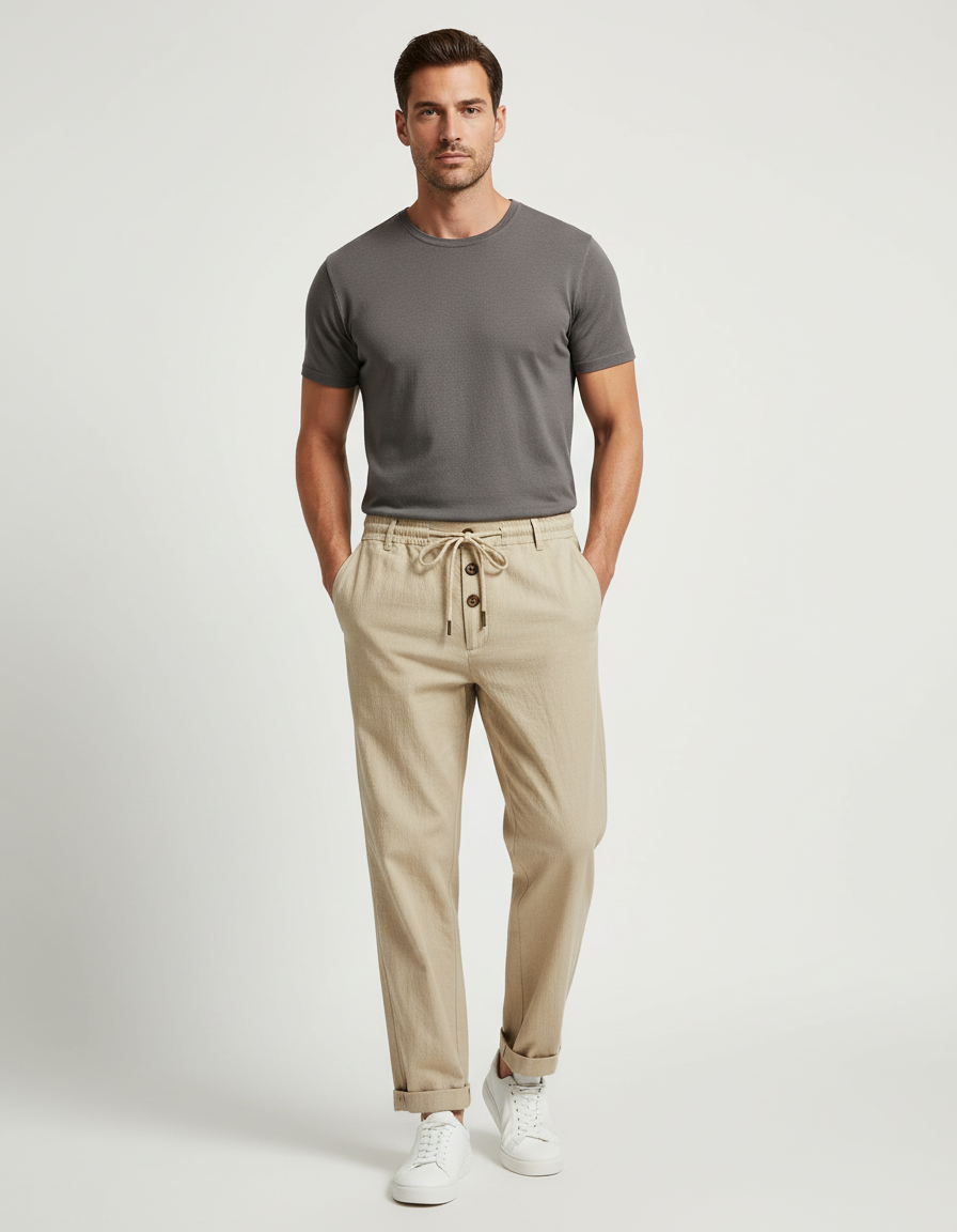 Pantalon Chino Beige Cordon Lin Ample Homme