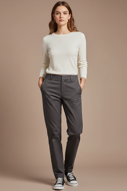 Pantalon Chino Gris Anthracite Droit Décontracté Femme - Gabardine