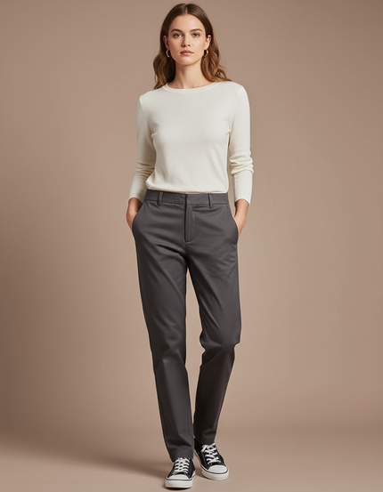 Pantalon Chino Gris Anthracite Droit Décontracté Femme - Gabardine