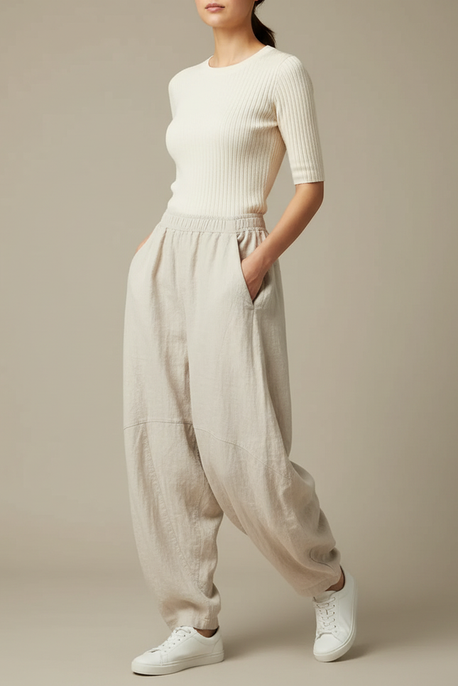 Pantalon Chino Lin Ample Élastique Beige Décontracté