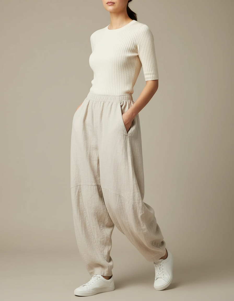 Pantalon Chino Lin Ample Élastique Beige Décontracté