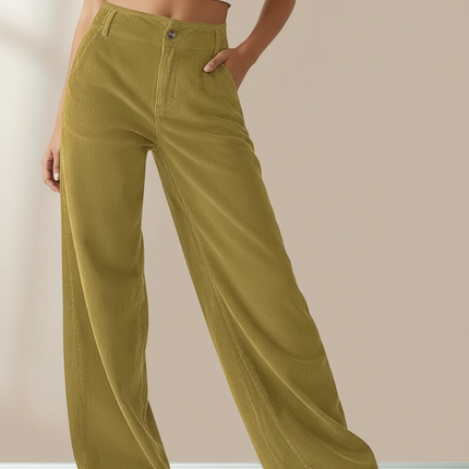 Pantalon Chino Velours Côtelé Vert Ample Taille Haute Femme - Kaki Cordé