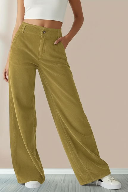Pantalon Chino Velours Côtelé Vert Ample Taille Haute Femme - Kaki Cordé
