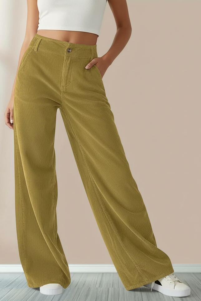 Pantalon Chino Velours Côtelé Vert Ample Taille Haute Femme - Kaki Cordé